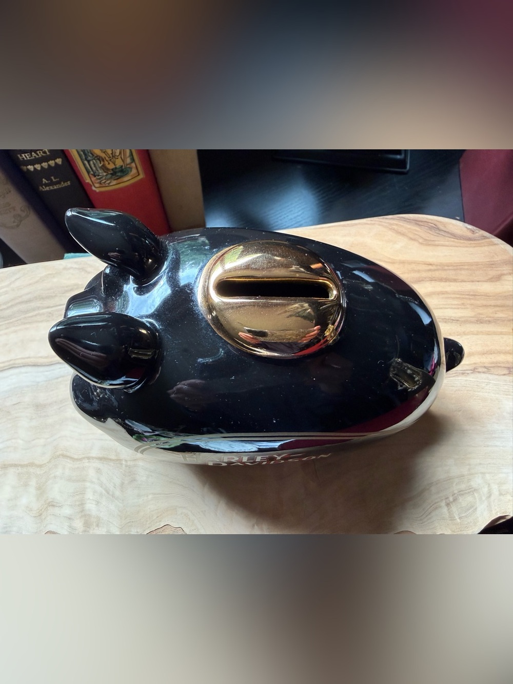 Harley Davidson Ceramic Piggy Bank Black Gold Motorcycle Decor 2002 - Picture 2 of 6